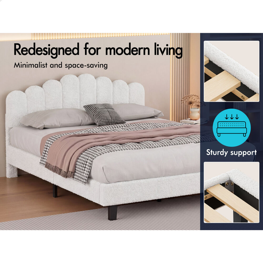 ALFORDSON Bed Frame Double Size Boucle White Mattress Base