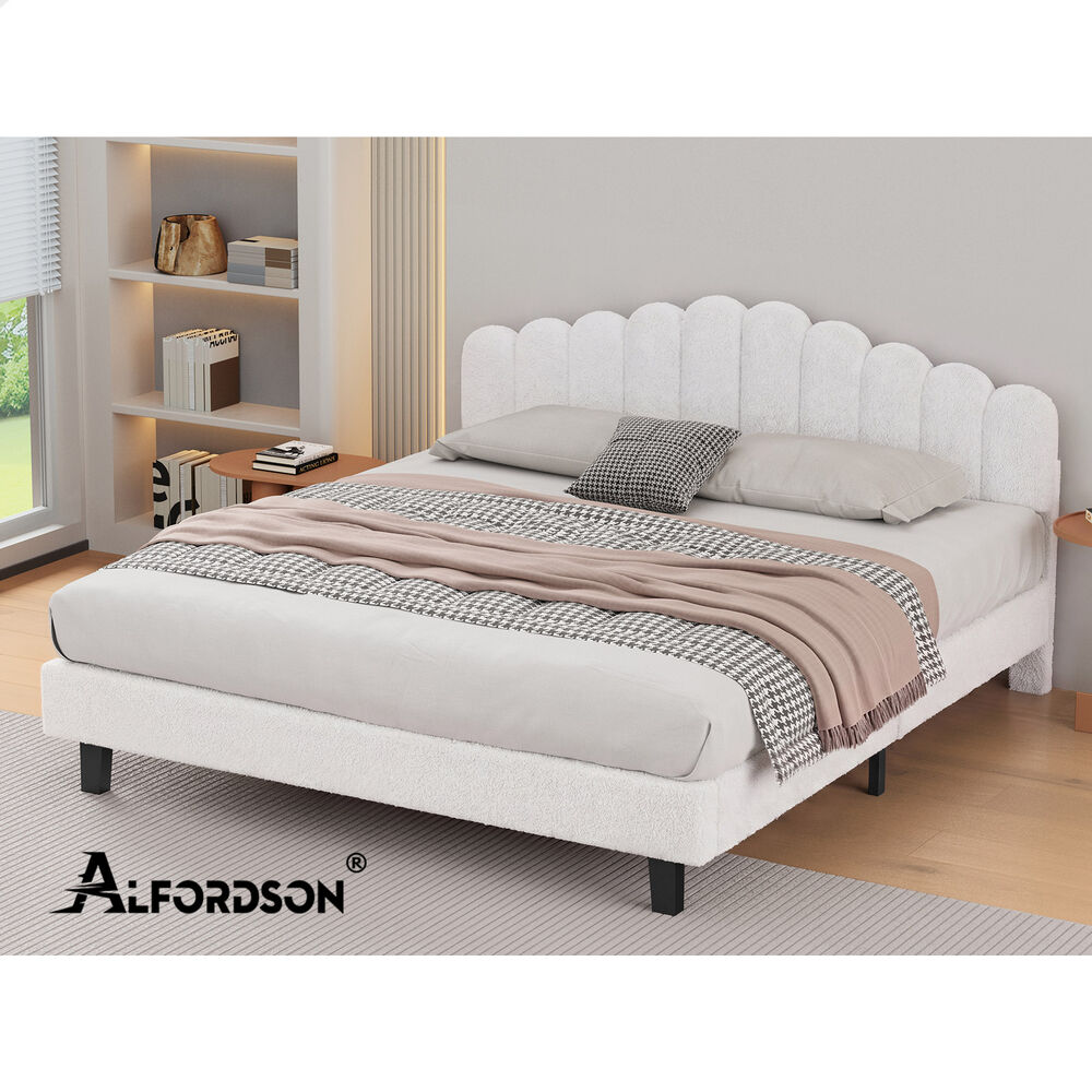 ALFORDSON Bed Frame King Size Boucle White Mattress Base