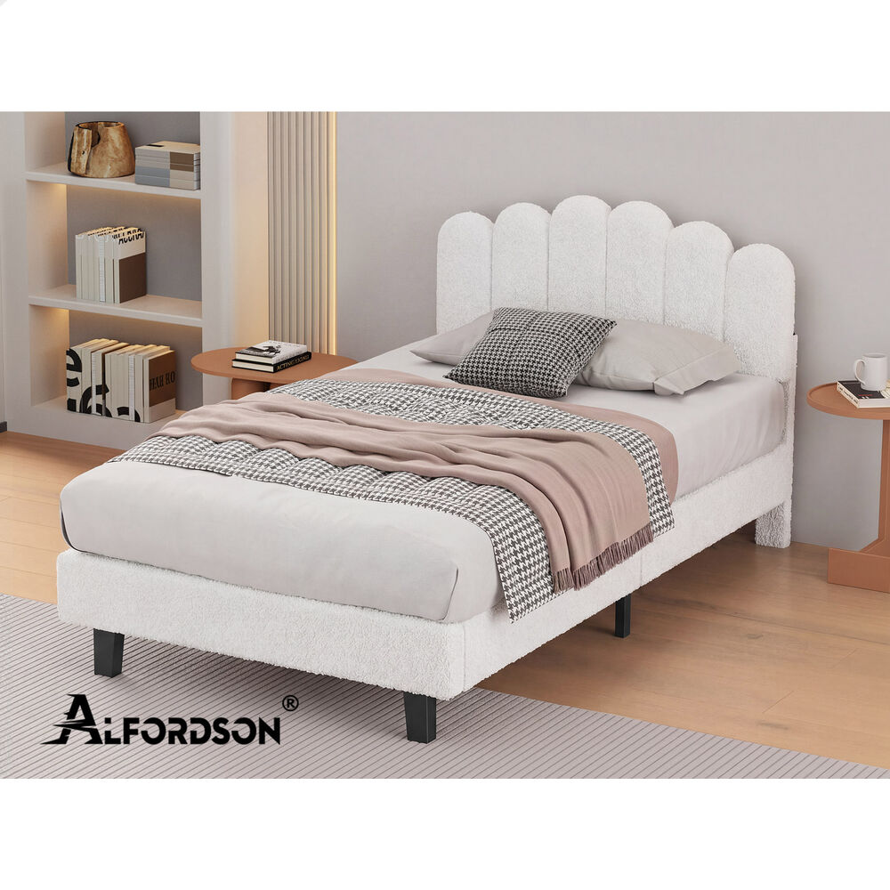 ALFORDSON Bed Frame King Single Size Boucle White Mattress Base