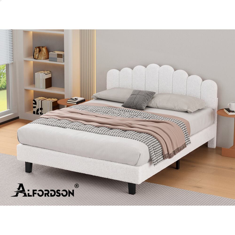 ALFORDSON Bed Frame Queen Size Boucle White Mattress Base