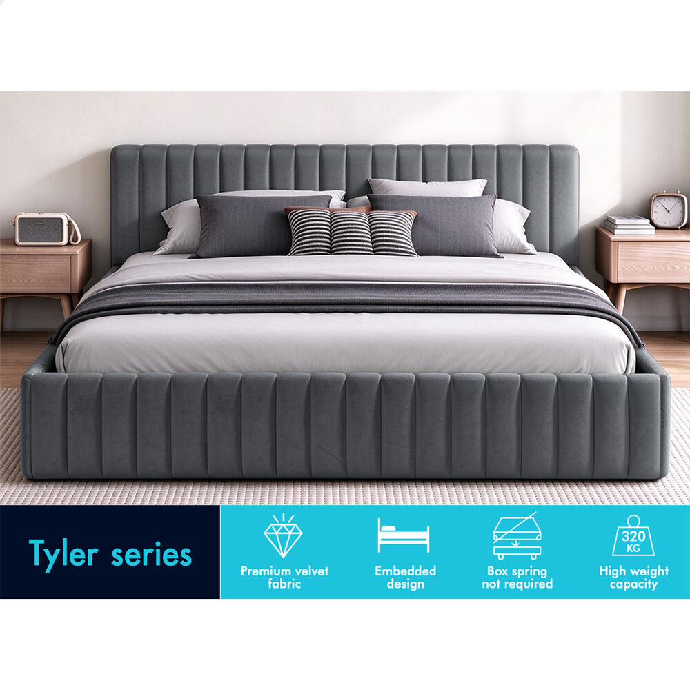 ALFORDSON Bed Frame King Size Vertical Channel Tufted Grey Velvet TYLER