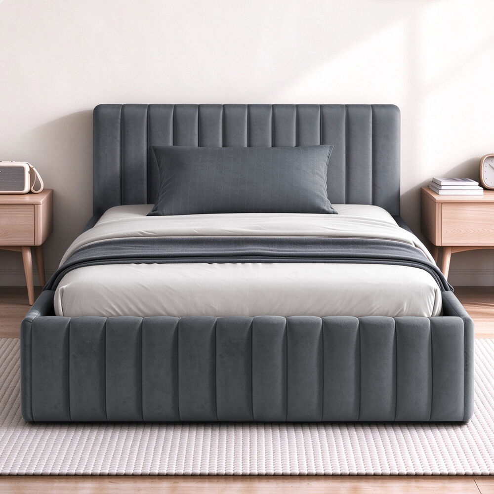 ALFORDSON Bed Frame King Single Vertical Channel Tufted Grey Velvet TYLER