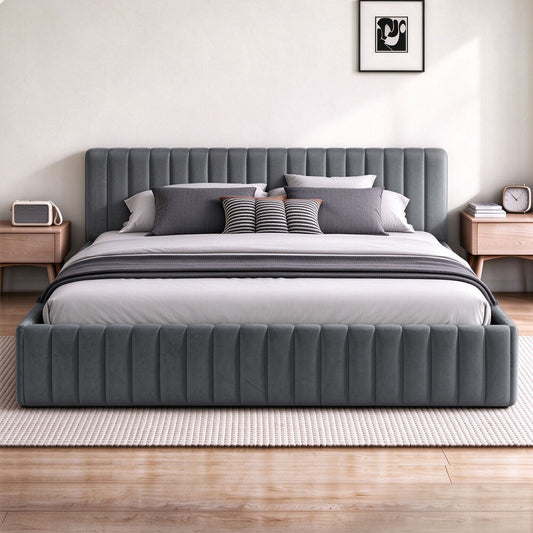 ALFORDSON Bed Frame Queen Size Vertical Channel Tufted Grey Velvet TYLER