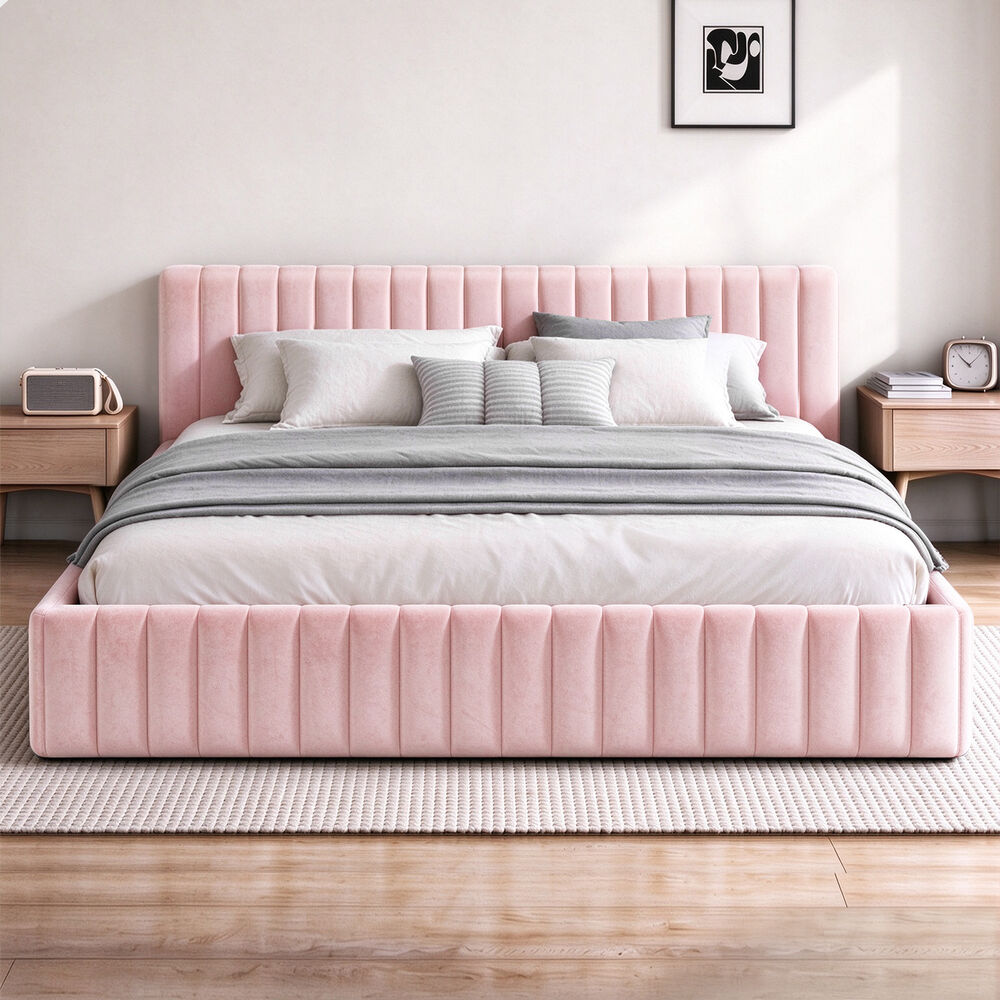 ALFORDSON Bed Frame Queen Size Vertical Channel Tufted Pink Velvet TYLER