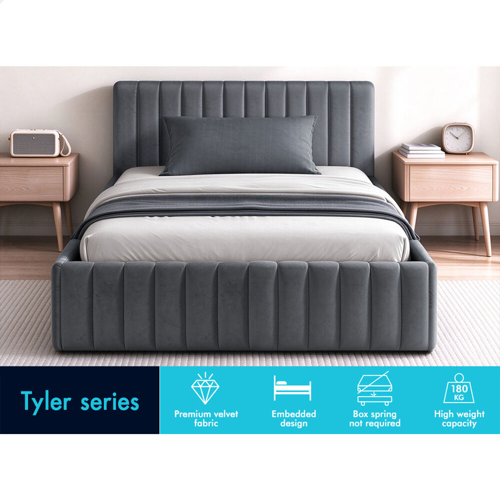 ALFORDSON Bed Frame Single Size Vertical Channel Tufted Grey Velvet TYLER