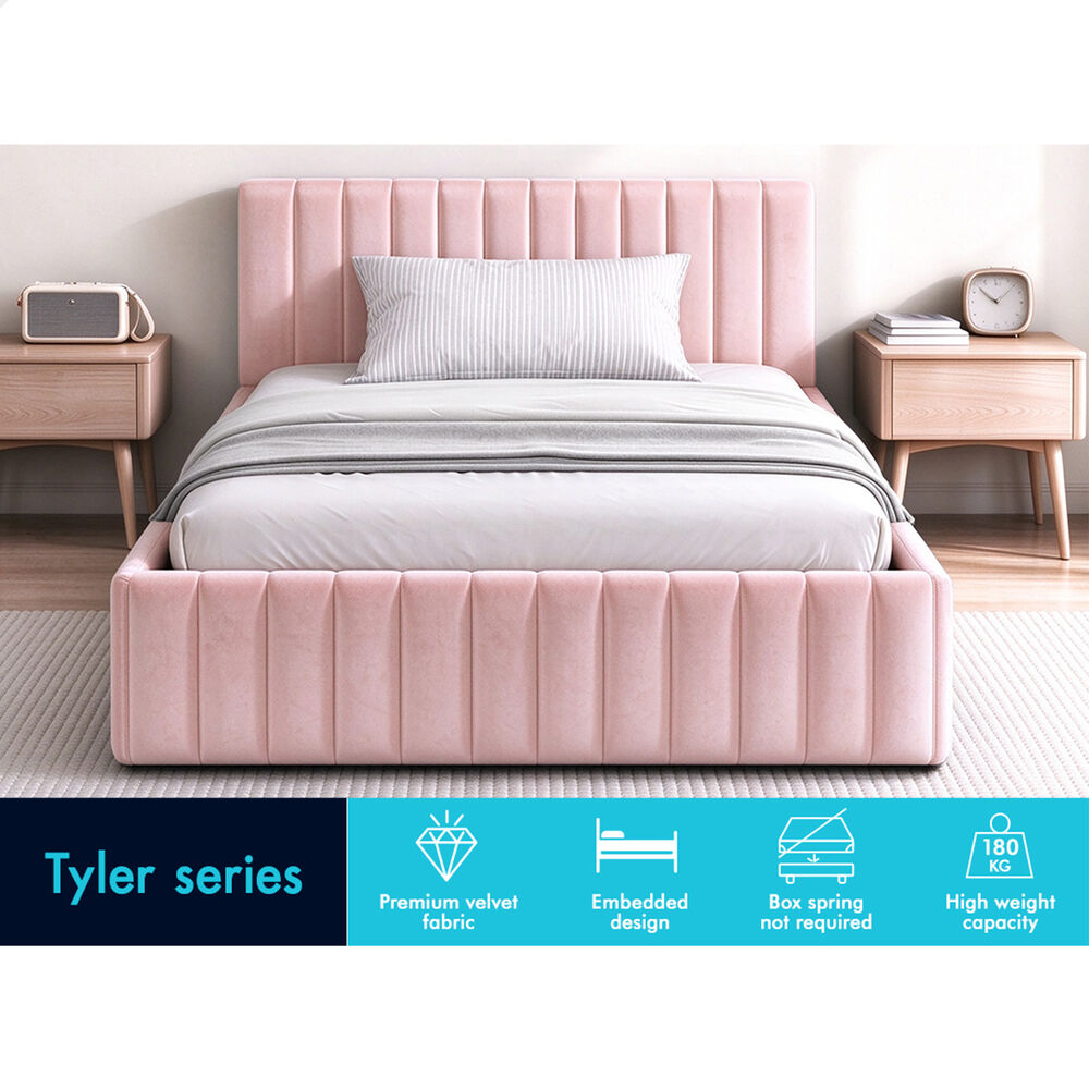 ALFORDSON Bed Frame Single Size Vertical Channel Tufted Pink Velvet TYLER