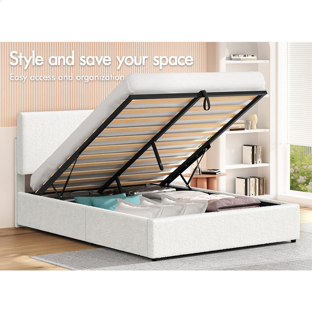 ALFORDSON Bed Frame Double Gas Lift Storage Adjustable Headboard Boucle LURIA
