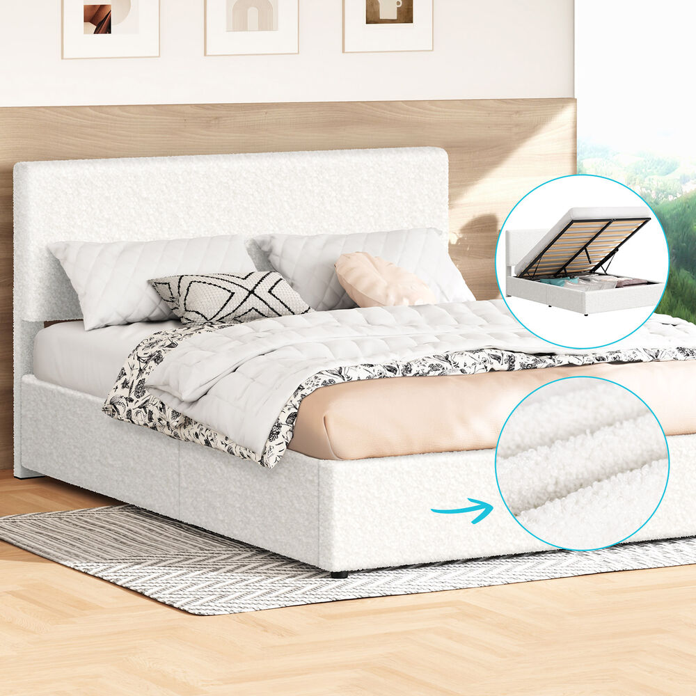 ALFORDSON Bed Frame Double Gas Lift Storage Adjustable Headboard Boucle LURIA