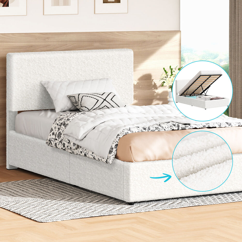 ALFORDSON Bed Frame King Single Gas Lift Storage Adjustable Headboard Boucle LURIA