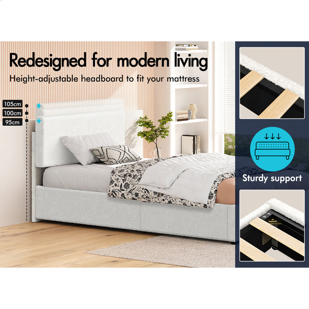 ALFORDSON® Bed Frame Single Gas Lift Storage Adjustable Headboard Boucle