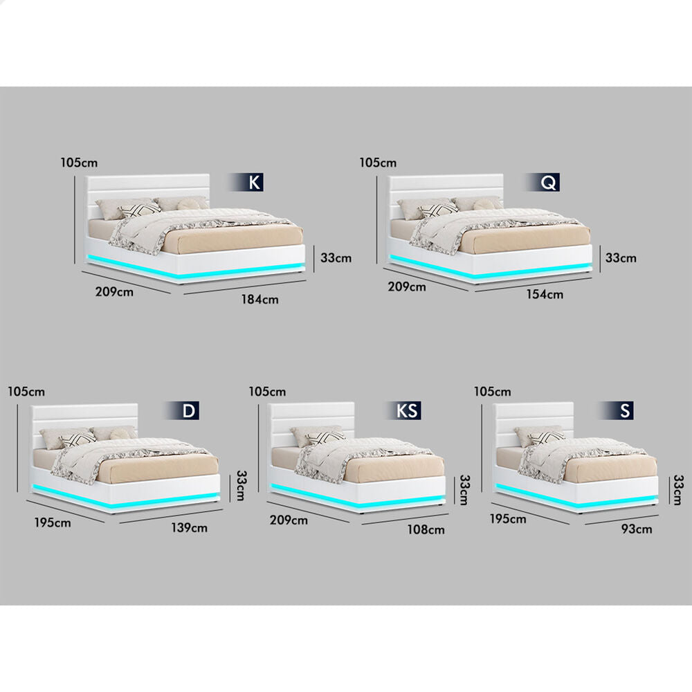 ALFORDSON Bed Frame King Size Platform RGB LED Gas Lift Base Storage White