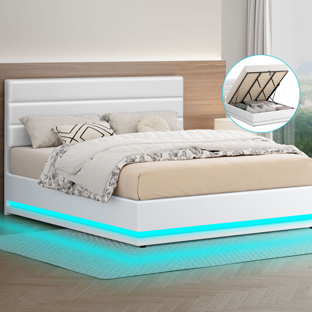 ALFORDSON Bed Frame King Size Platform RGB LED Gas Lift Base Storage White