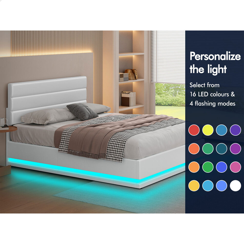 ALFORDSON Bed Frame King Size Platform RGB LED Gas Lift Base Storage White