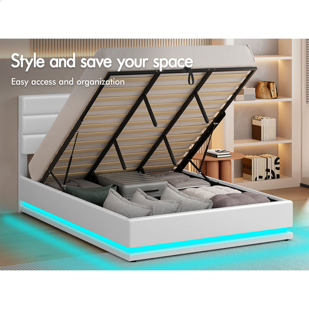 ALFORDSON Bed Frame King Size Platform RGB LED Gas Lift Base Storage White