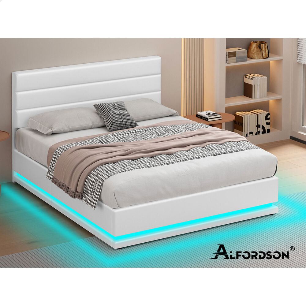 ALFORDSON Bed Frame King Size Platform RGB LED Gas Lift Base Storage White