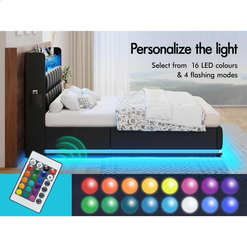 ALFORDSON Bed Frame Double RGB LED Gas Lift Base Platform Storage Leather Black