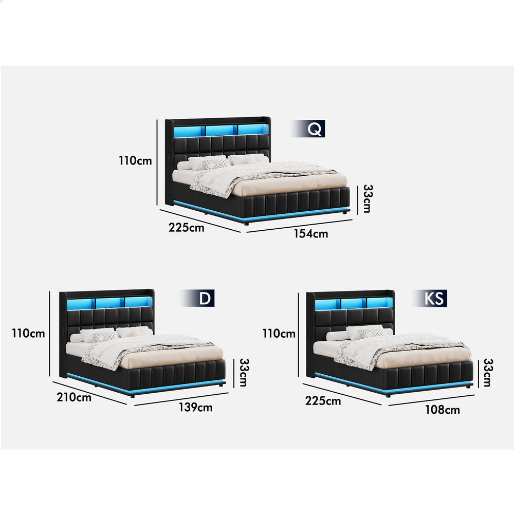 ALFORDSON Bed Frame Double RGB LED Gas Lift Base Platform Storage Leather Black