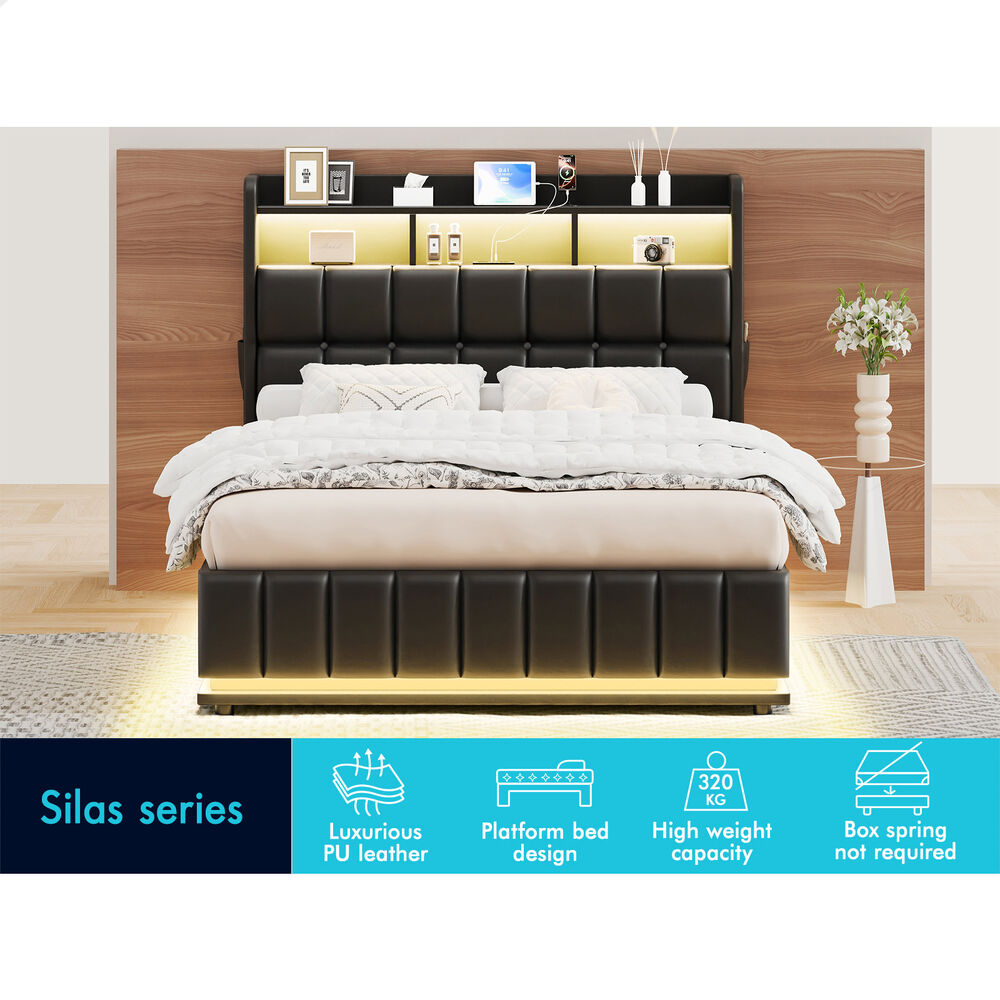 ALFORDSON Bed Frame Double RGB LED Gas Lift Base Platform Storage Leather Black