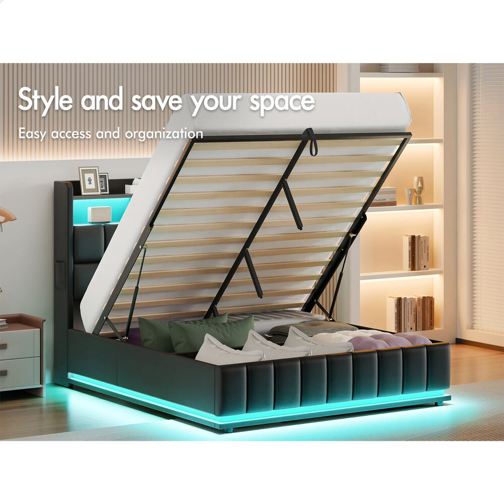 ALFORDSON Bed Frame Double RGB LED Gas Lift Base Platform Storage Leather Black
