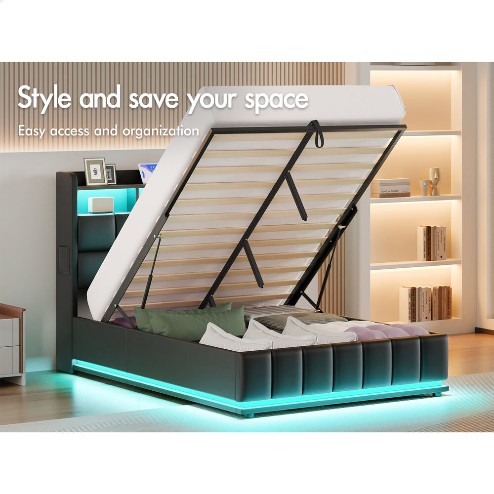 ALFORDSON Bed Frame King Single RGB LED Gas Lift Base Platform Storage Leather