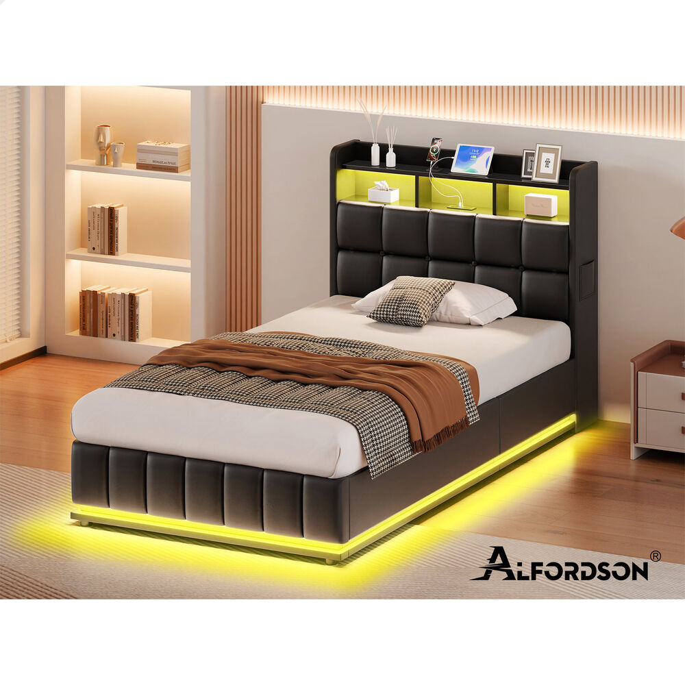 ALFORDSON Bed Frame King Single RGB LED Gas Lift Base Platform Storage Leather