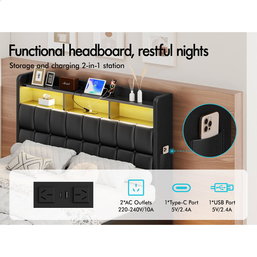 ALFORDSON Bed Frame Queen RGB LED Gas Lift Base Platform Storage Leather Black