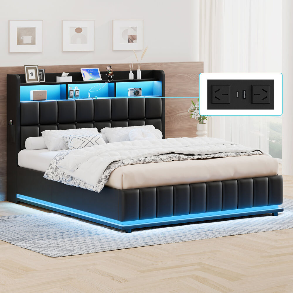 ALFORDSON Bed Frame Queen RGB LED Gas Lift Base Platform Storage Leather Black