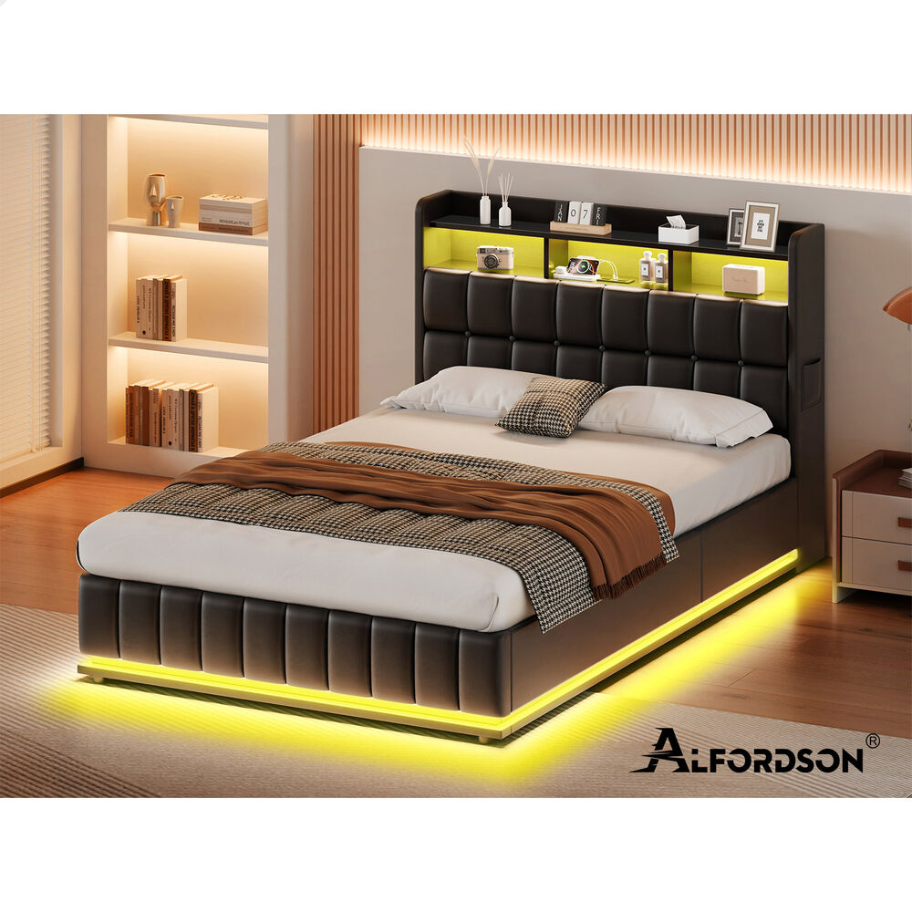 ALFORDSON Bed Frame Queen RGB LED Gas Lift Base Platform Storage Leather Black