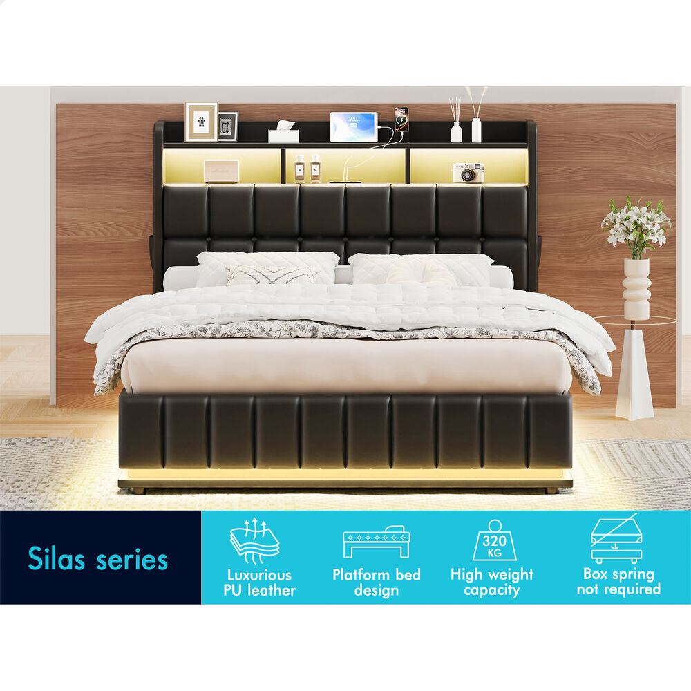 ALFORDSON Bed Frame Queen RGB LED Gas Lift Base Platform Storage Leather Black