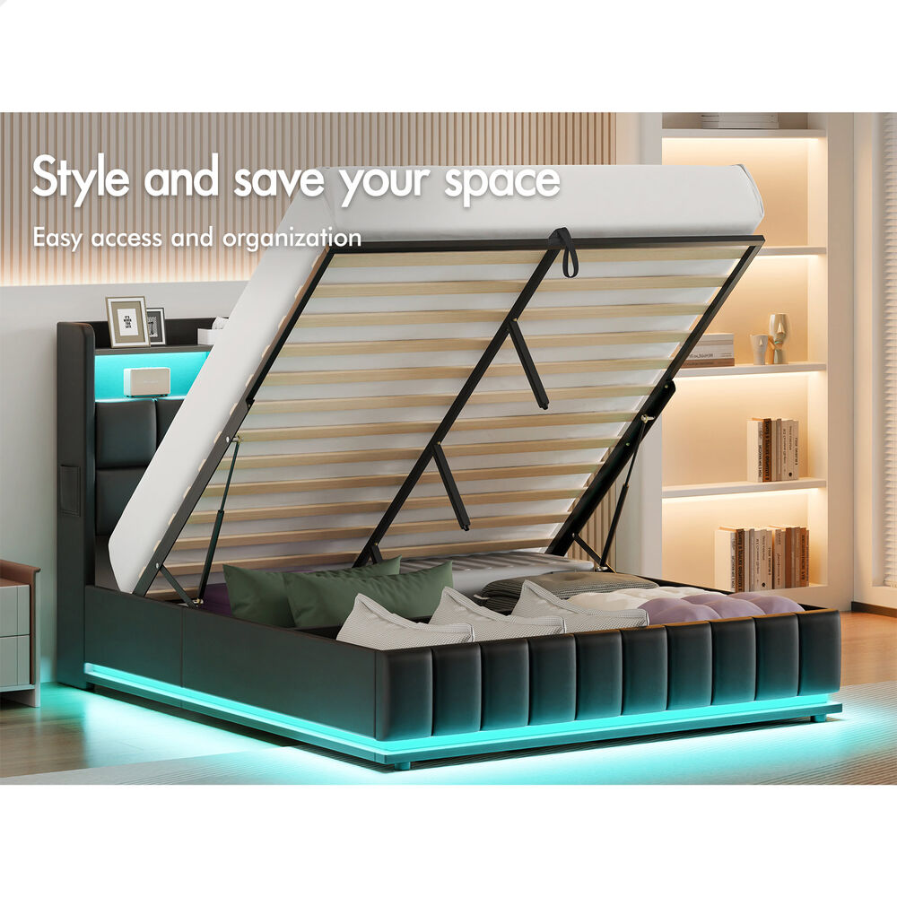 ALFORDSON Bed Frame Queen RGB LED Gas Lift Base Platform Storage Leather Black