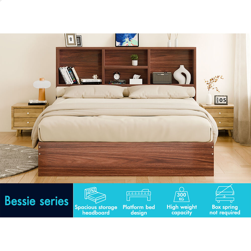 ALFORDSON Wooden Bed Frame Double Size with Bookshelf Storage Headboard Walnut