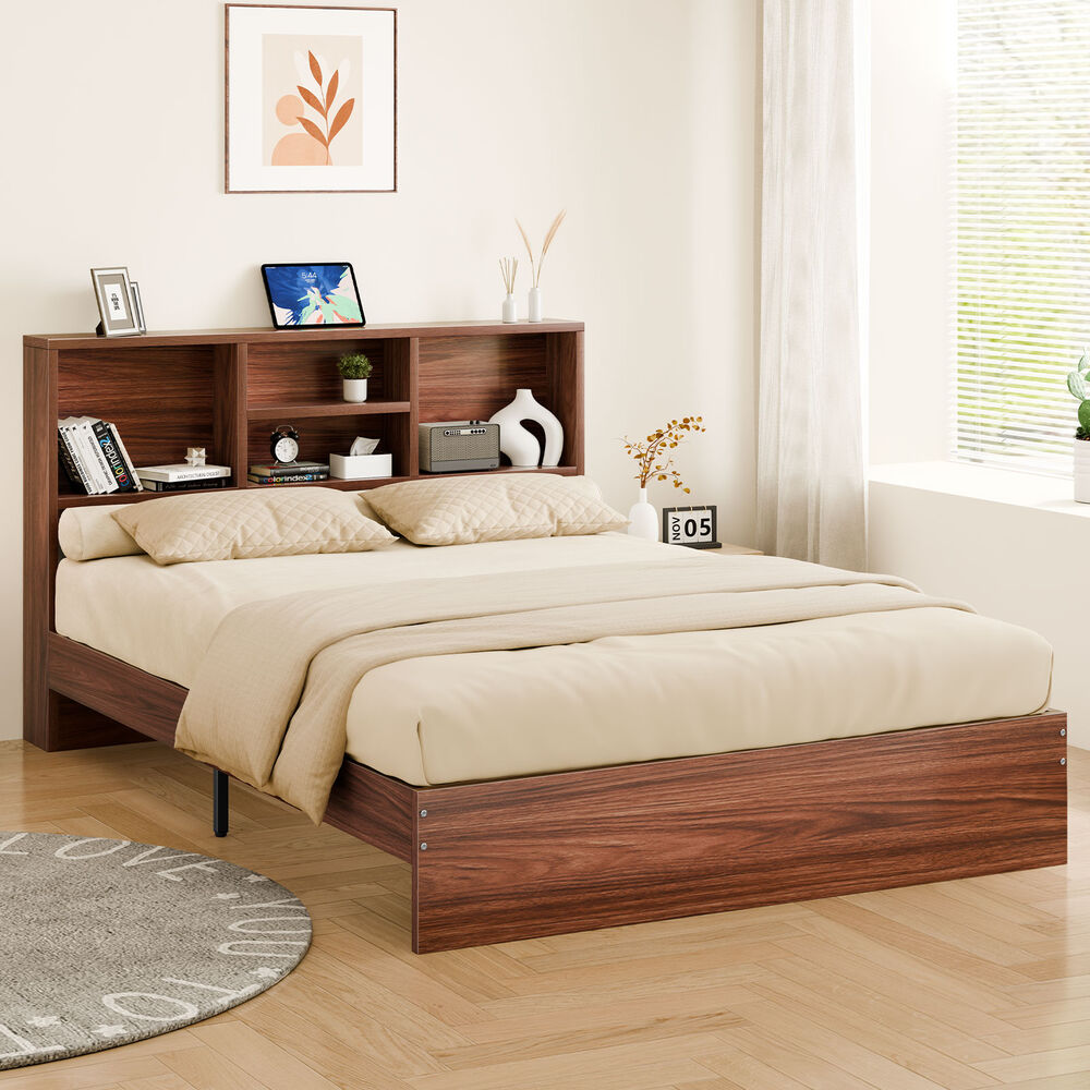 ALFORDSON Wooden Bed Frame King Size with Bookshelf Storage Headboard Walnut