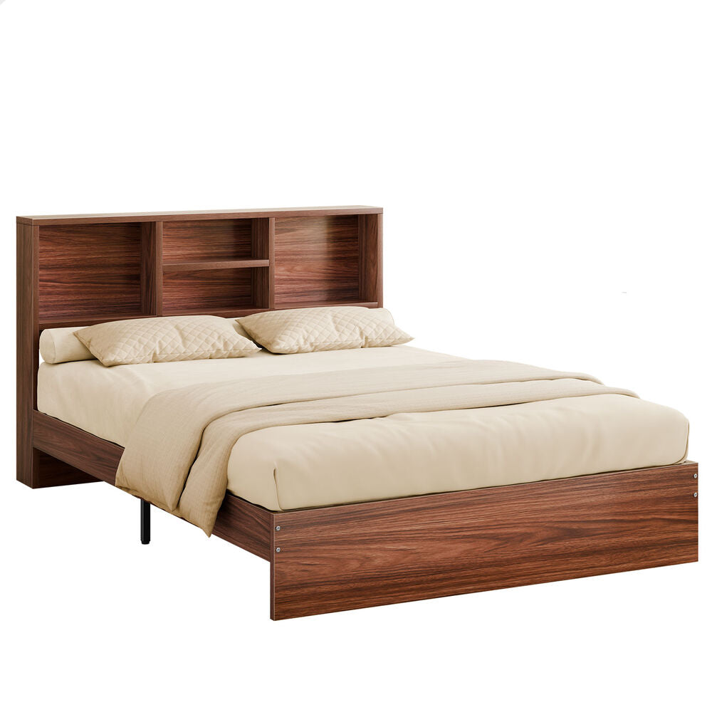 ALFORDSON Wooden Bed Frame King Size with Bookshelf Storage Headboard Walnut