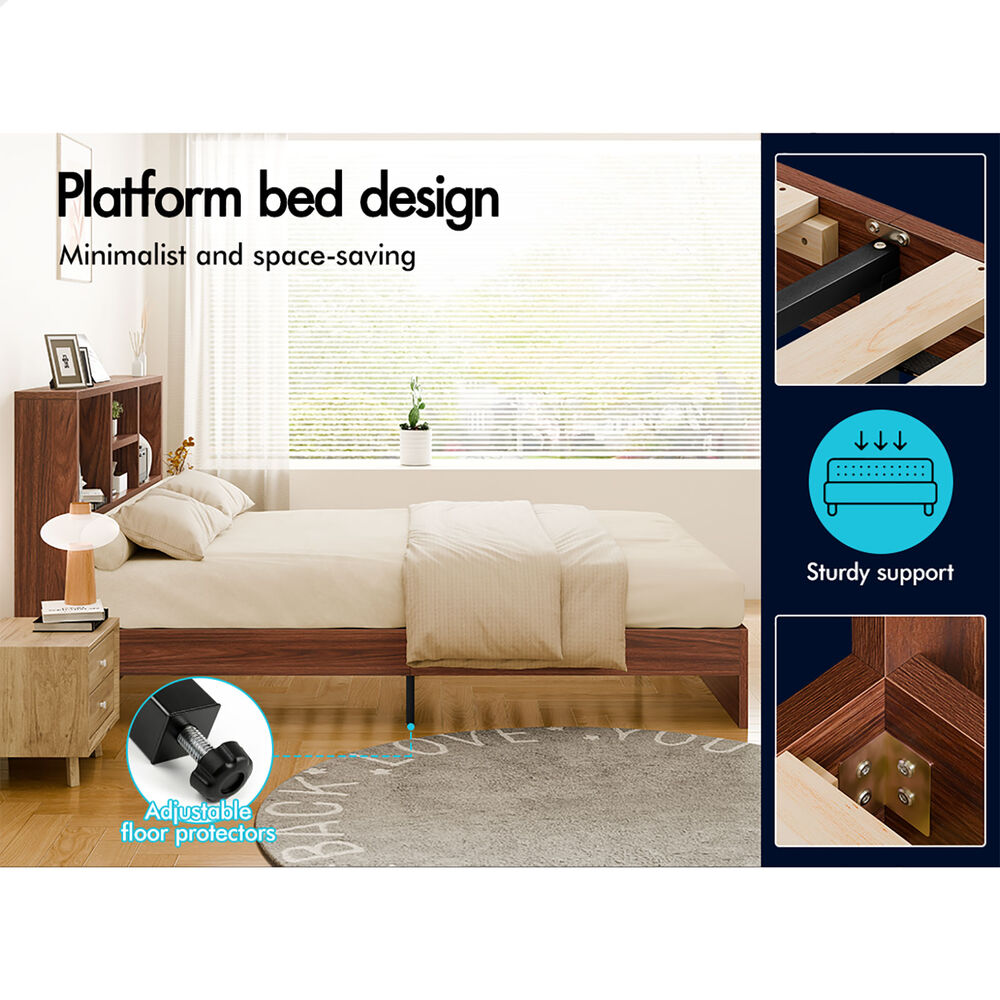 ALFORDSON Wooden Bed Frame King Size with Bookshelf Storage Headboard Walnut
