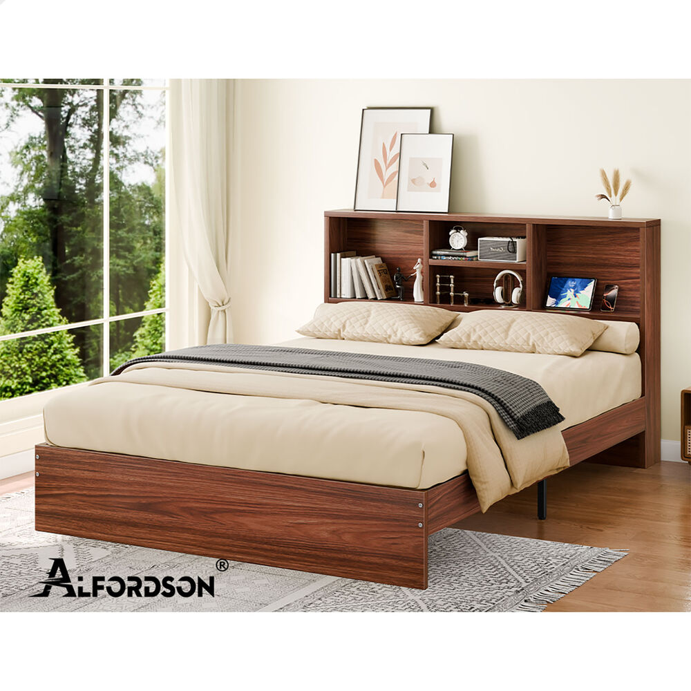 ALFORDSON Wooden Bed Frame King Size with Bookshelf Storage Headboard Walnut
