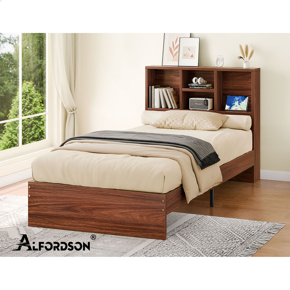 ALFORDSON Wooden Bed Frame King Single with Bookshelf Storage Headboard Walnut