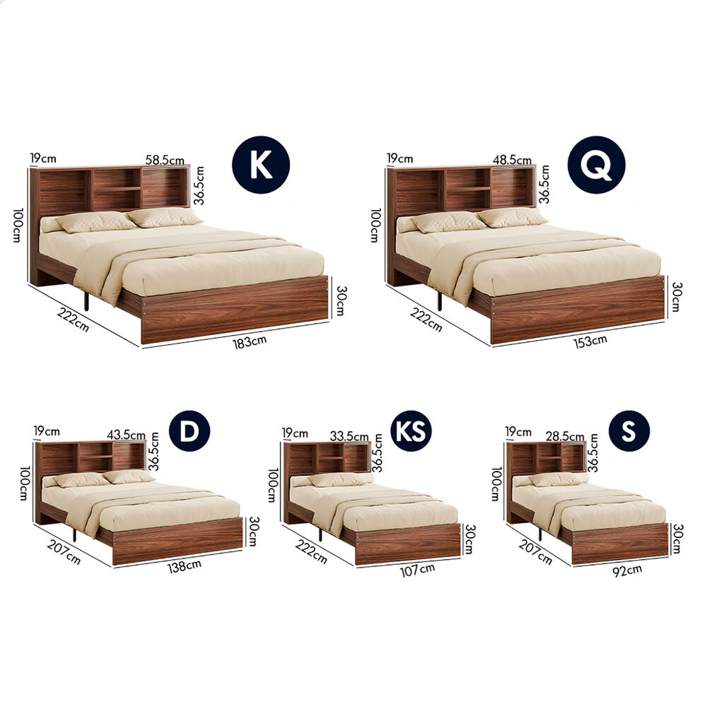 ALFORDSON Wooden Bed Frame Queen Size with Bookshelf Storage Headboard Walnut