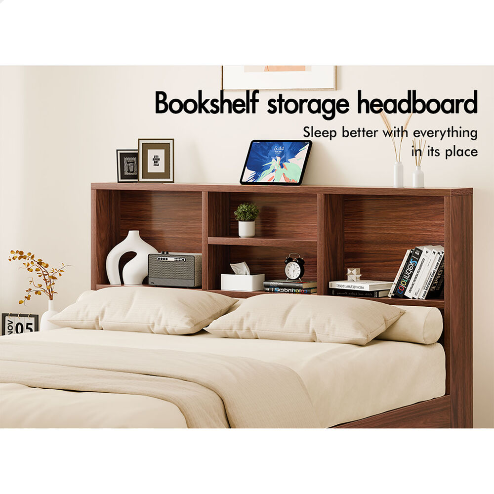 ALFORDSON Wooden Bed Frame Queen Size with Bookshelf Storage Headboard Walnut