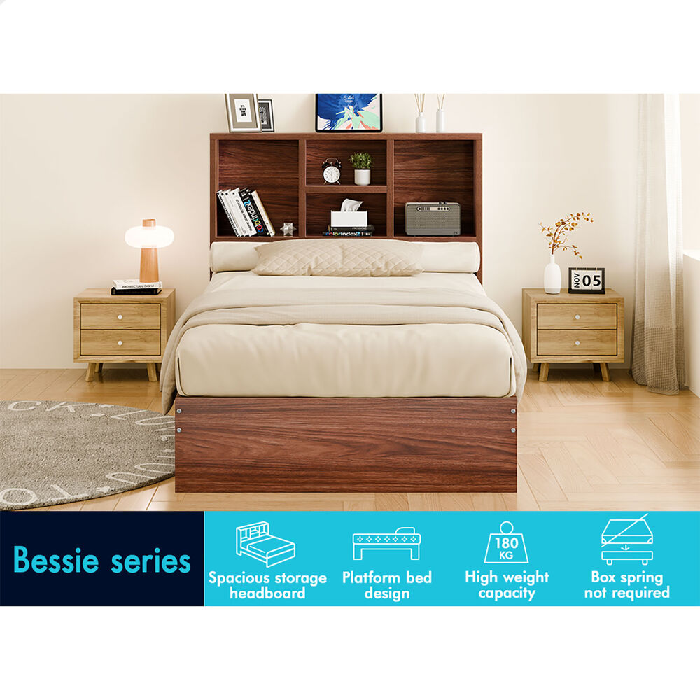 ALFORDSON Wooden Bed Frame Single Size with Bookshelf Storage Headboard Walnut