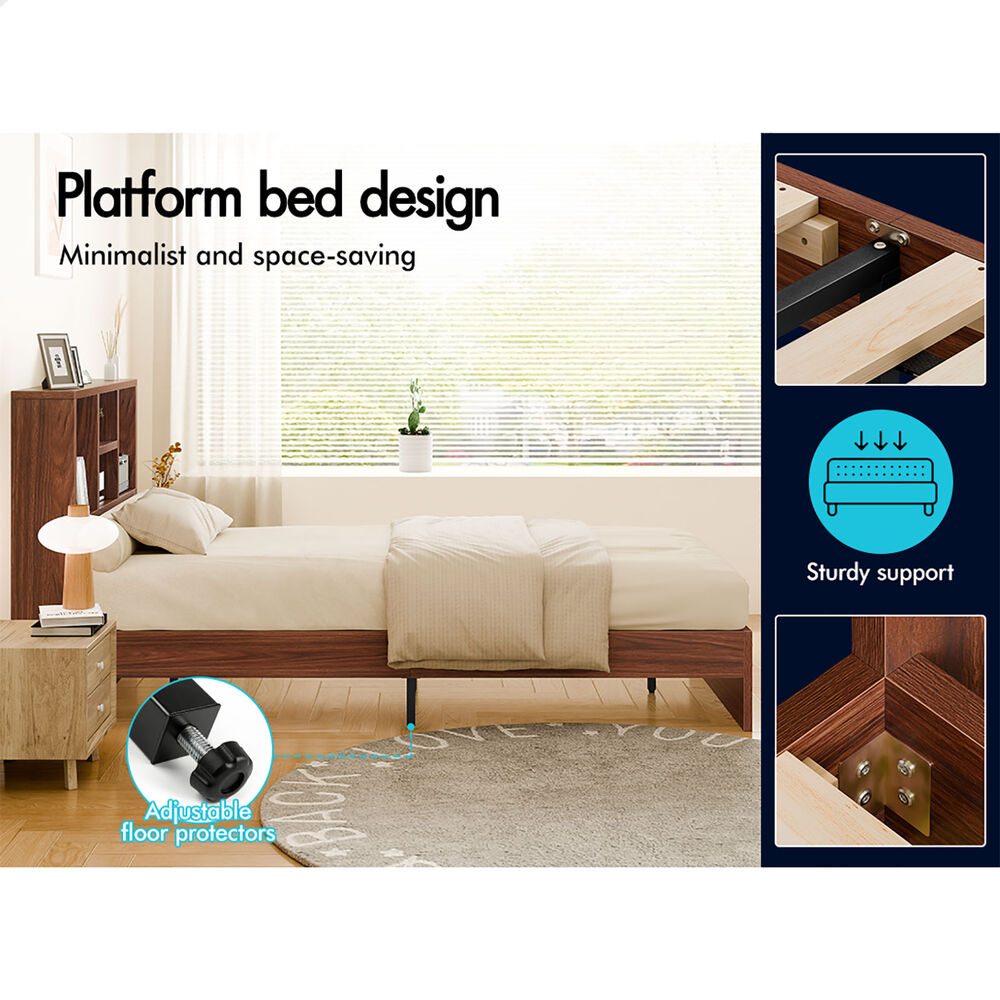 ALFORDSON Wooden Bed Frame Single Size with Bookshelf Storage Headboard Walnut