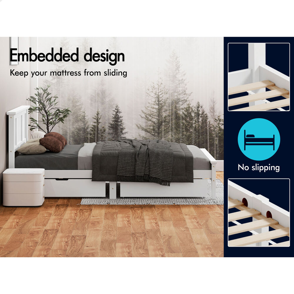 ALFORDSON Wooden Bed Frame Double Size Mattress Base Pine Timber 2 Drawers White
