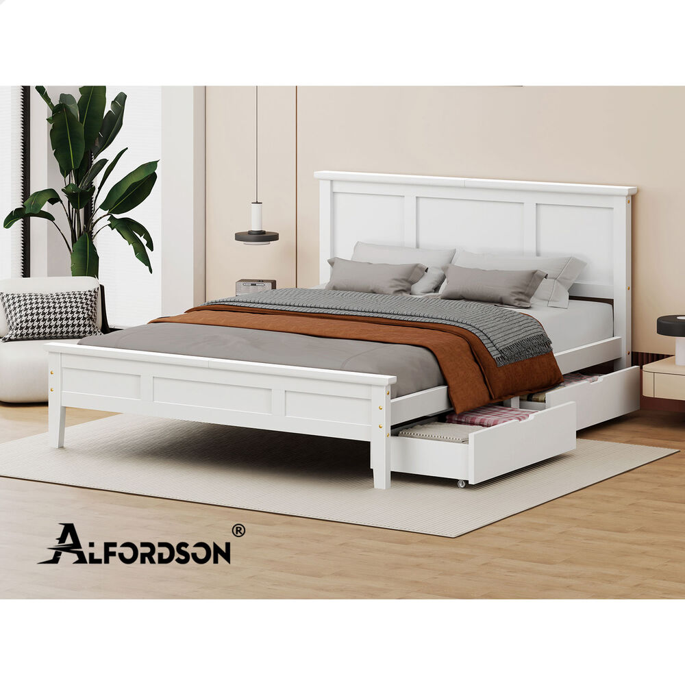 ALFORDSON Wooden Bed Frame Double Size Mattress Base Pine Timber 2 Drawers White