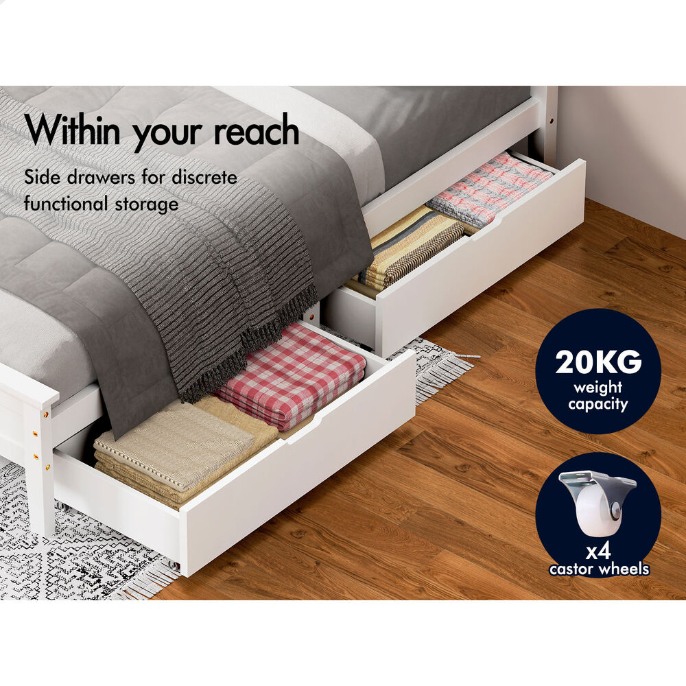 ALFORDSON Wooden Bed Frame King Size Mattress Base Pine Timber 2 Drawers White