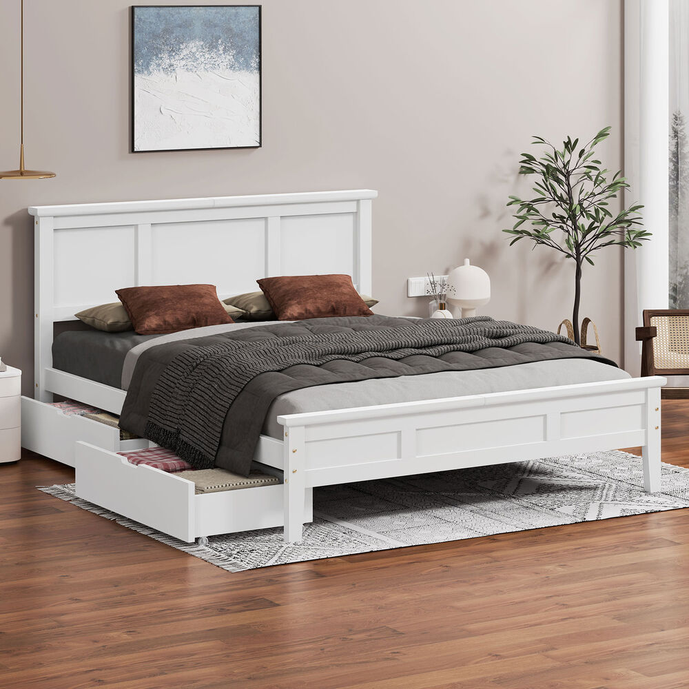 ALFORDSON Wooden Bed Frame Queen Size Mattress Base Pine Timber 2 Drawers White