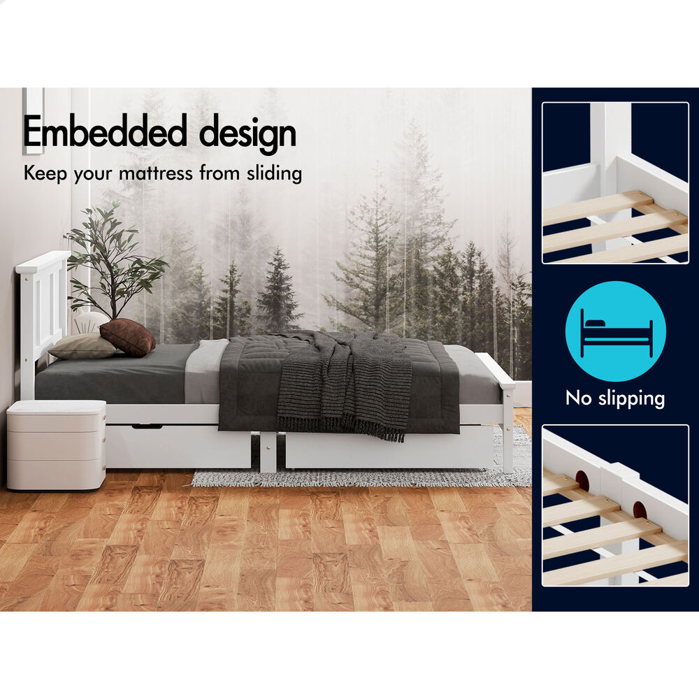 ALFORDSON Wooden Bed Frame Single Size Mattress Base Pine Timber 2 Drawers White