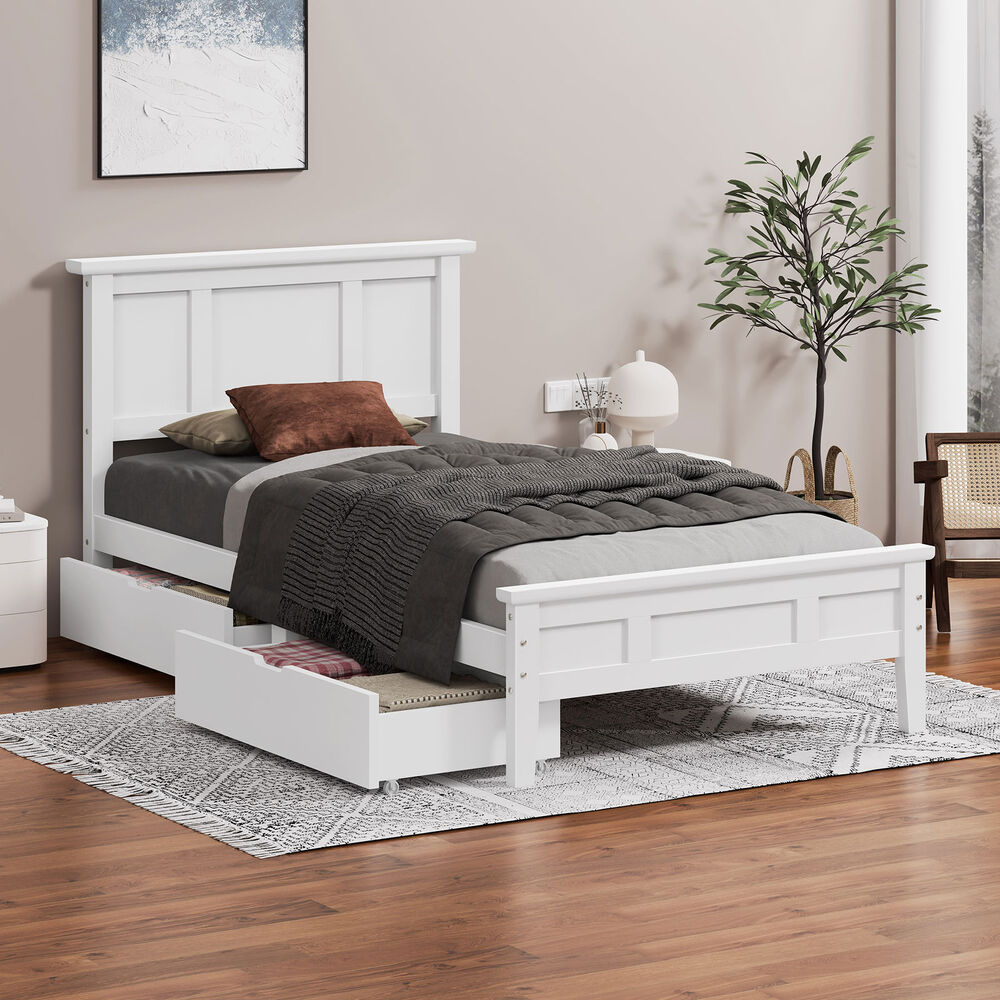 ALFORDSON Wooden Bed Frame Single Size Mattress Base Pine Timber 2 Drawers White