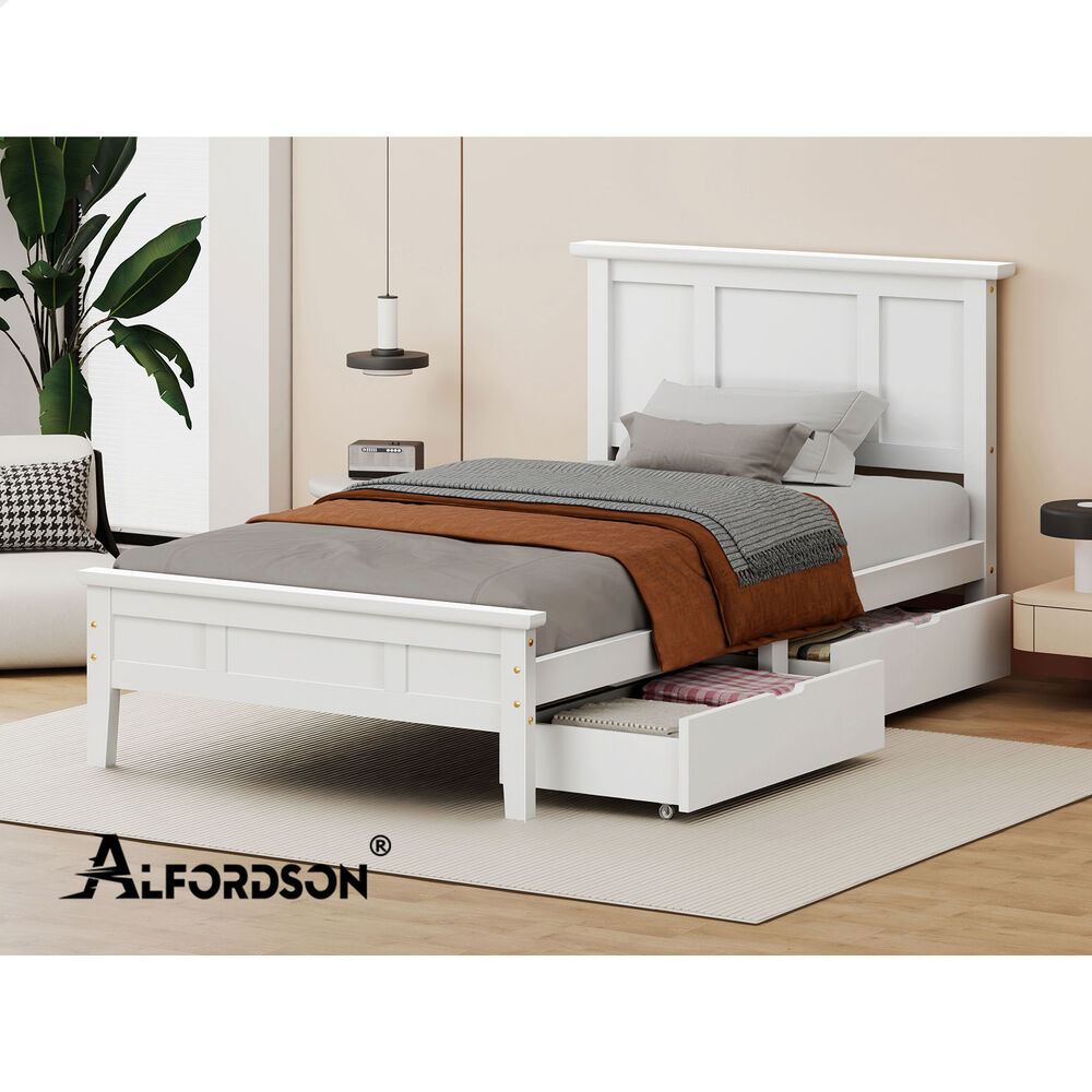 ALFORDSON Wooden Bed Frame Single Size Mattress Base Pine Timber 2 Drawers White