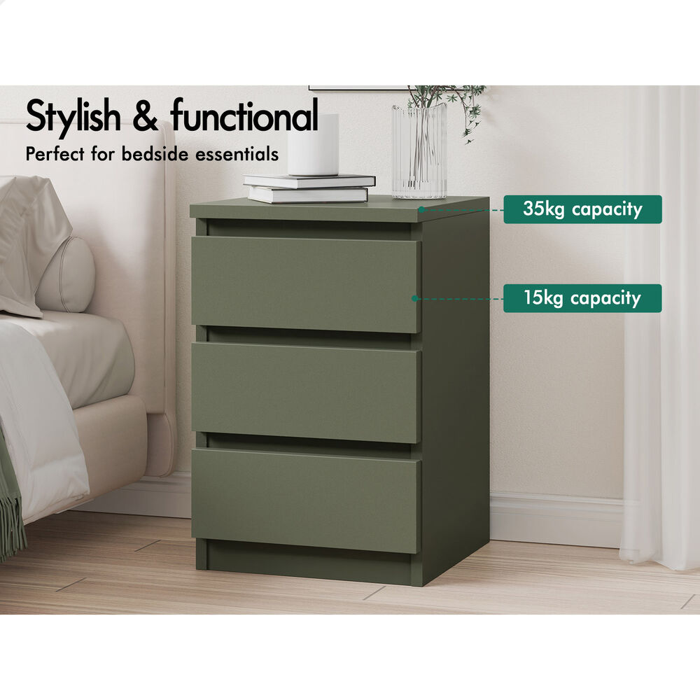 ALFORDSON 2x Bedside Table Nightstand 3 Drawers Side End Table Olive Green