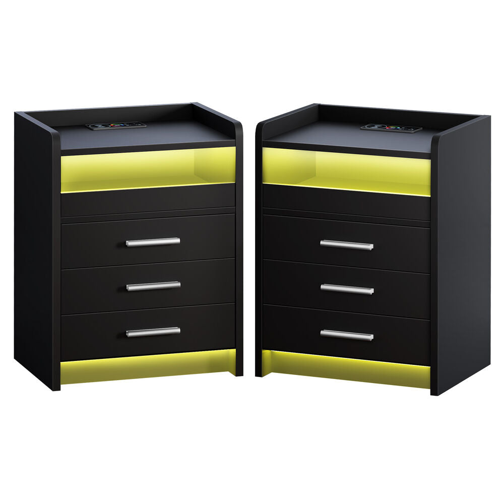 ALFORDSON 2x Bedside Table RGB LED 3 Drawers Charging Station Cabinet Black
