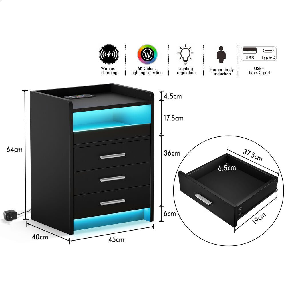 ALFORDSON 2x Bedside Table RGB LED 3 Drawers Charging Station Cabinet Black